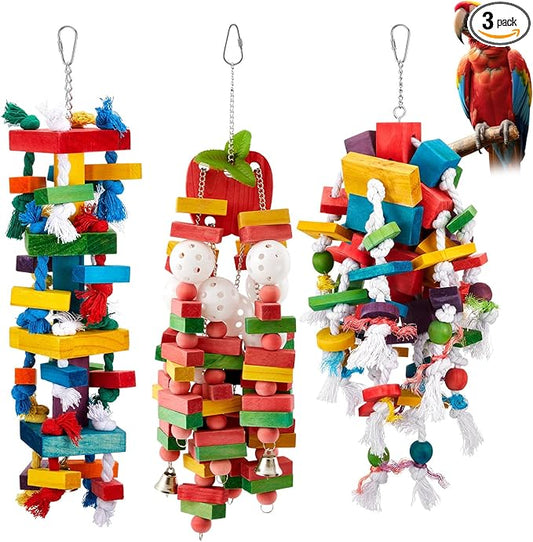 Seenelling 3 Pcs Extra Large Bird Parrot Toy Multicolored Natural Wooden Parrot Cage Chewing Toys for Large Medium Macaws Cockatoos African Grey Birds (Block and Rope)