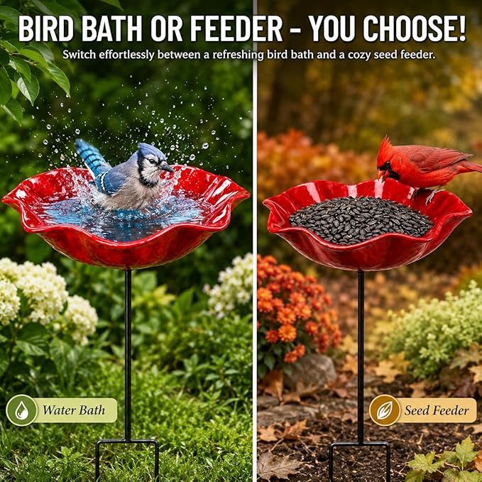 Bird Bath for Outside, Metal Flower Stakes with Bee Watering Station for Garden Decor, Decorative Flower Bath for Yard Patio or Backyard (Green)