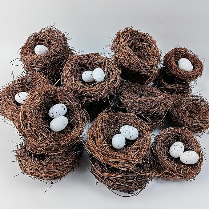 GXXMEI 24PCS/Set Small Faux Bird Nest with Eggs for Crafts, Artificial Rattan Birds Nest for Easter Wedding Home Party Christmas Tree Decoration (8pcs Mixed Small Size Nest, 16pcs Eggs)