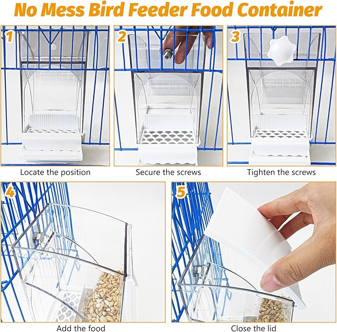 BNOSDM No Mess Bird Feeder Transparent Automatic Bird Cage Feeder with Perch Acrylic Parrot Food Container Parakeet Cage Accessories for Parakeets, Budgies, Cockatiel, Finch, Canary, Lovebird (White)