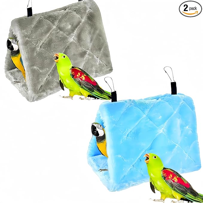 2 Pack Warm Bird Nest House Bed Hanging Hammock Sleeping Bed Plush Hanging Snuggle Cave Happy Hut for Pet Parrot Parakeet Cockatiel Conure Cockatoo African Grey Macaw(Blue&Grey)