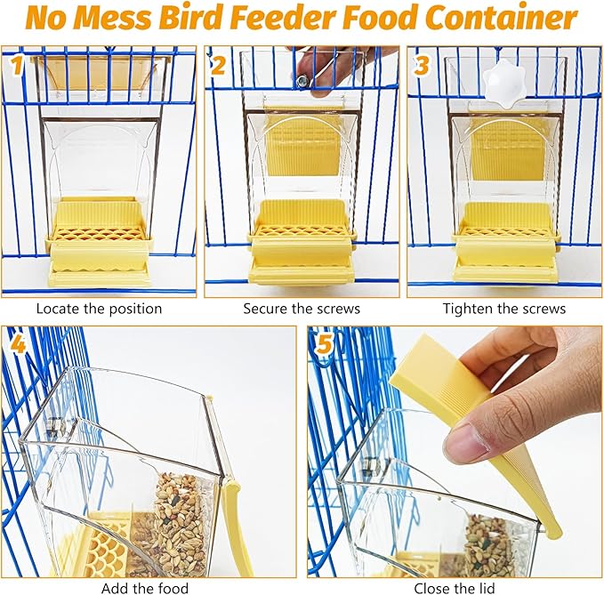 BNOSDM No Mess Bird Feeder Transparent Automatic Bird Cage Feeder with Perch Acrylic Parrot Food Container Parakeet Cage Accessories for Parakeets, Budgies, Cockatiel, Finch, Canary, Lovebird (Yellow)