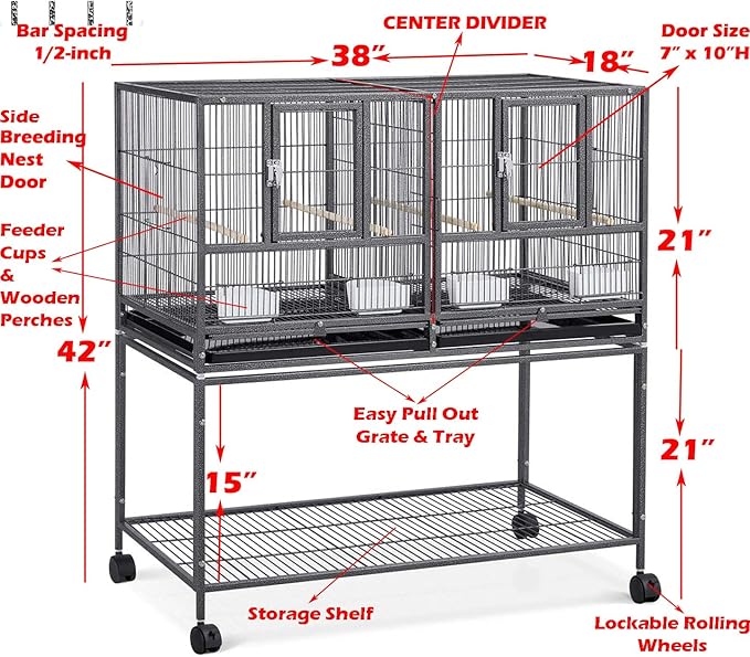 Single Stack Sturdy Wrought Iron Combo Breeding Stacker Center Divided Breeder Bird Flight Double Rolling Cage with Side Breeding Nest Door