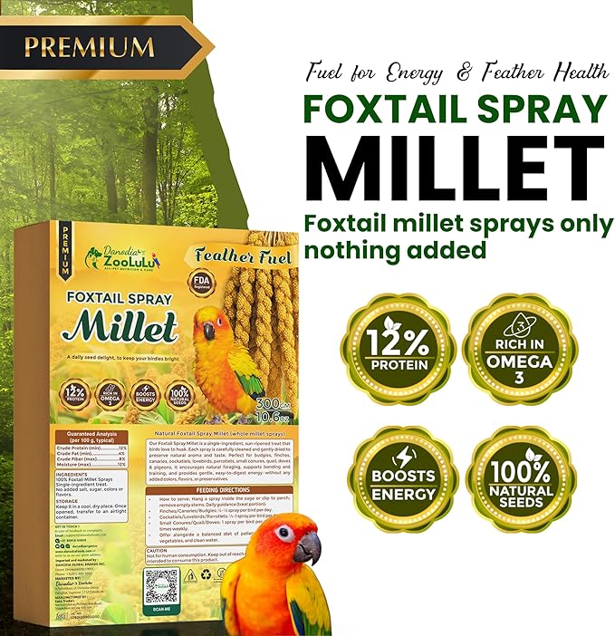 Danodia's Zoolulu Foxtail Spray Millet for Birds 300 g (0.66 lb/ 10.6oz) | All-Natural Sun-Dried Non-GMO Treats | Parakeets, Budgies, Finches, Canaries, Cockatiels & Lovebirds