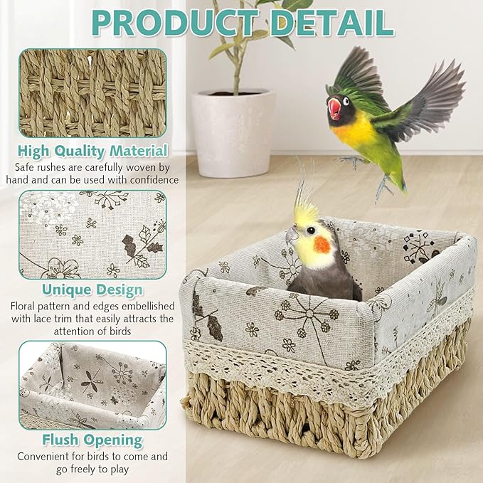 kathson Bird Nest Parrot House Birds Sleeping Bed Straw Weave All Season Hanging Hammock Bird Bed Snuggle Hut Birdcage Accessories for Parakeets Budgies Cockatiels Conures Quaker Parrot