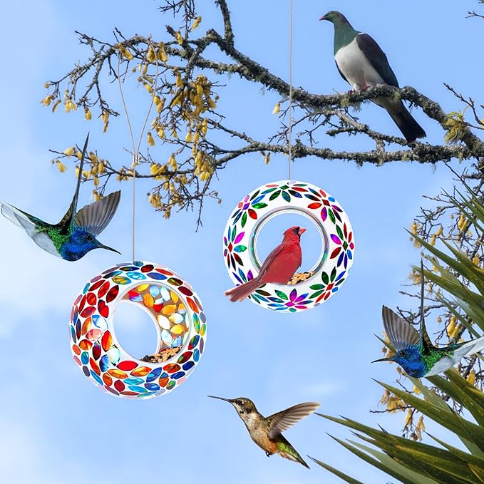2 Pcs Mosaic Glass Hanging Bird Feeder Round Fly Through Balcony Bird Feeder for Backyard Window Outdoor Garden Deck Porch Decor
