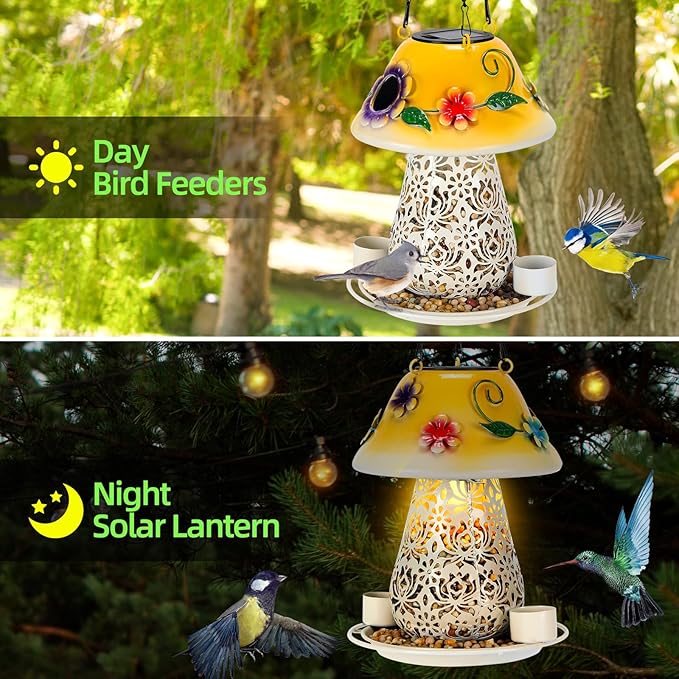 Mushroom Solar Bird Feeders for Outdoors Hanging Metal Wild Bird Feeder with S Hook for Garden Decoration Yellow