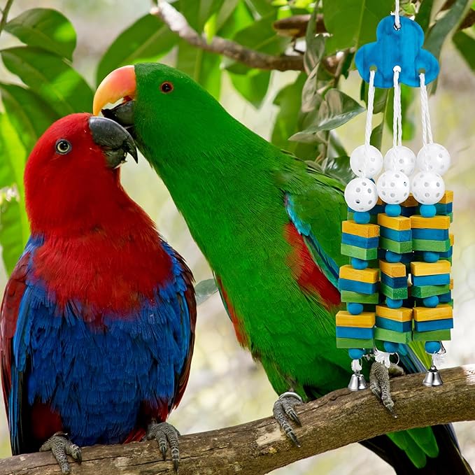 Seenelling 3 Pcs Extra Large Bird Parrot Toy Multicolored Natural Wooden Parrot Cage Chewing Toys for Large Medium Macaws Cockatoos African Grey Birds (Blue Block)