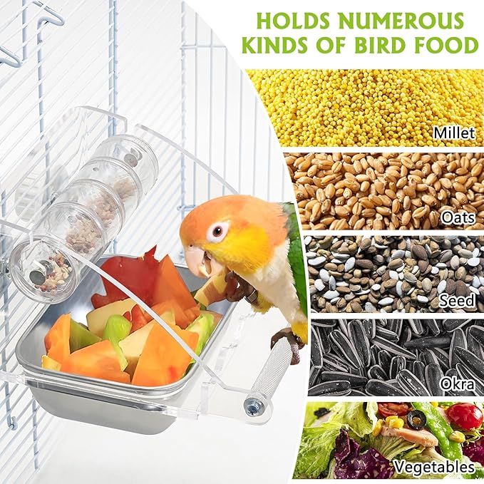 BNOSDM Bird Feeder for Cage with Rotating Foraging Toy No Mess Acrylic Hanging Food & Water Dispenser with Stainless Steel Bowl & Anti-Slip Perch Stand for Parrot, Budgie, Parakeet, Lovebird, Canary