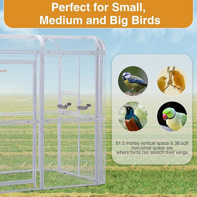 87-Inch Heavy Duty Walk-in Bird Cage – Large Outdoor Aviary Metal Birdcage with Stand, 7.22x5.25x6.8ft Flight Space for Macaw, Budgie, Conure, Lovebird, Parakeet, Cockatiel