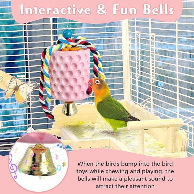 PINVNBY Bird Beak Grinding Stone 2Pcs Bird Chewing Toys Lava Calcium Block with Bell Hanging Parrot Chewing Toy Cage Accessories for Parakeets Conures Cockatiels Budgies Lovebirds