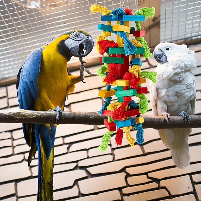 Seenelling 4 Pcs Extra Large Bird Parrot Toy Multicolored Natural Wooden Parrot Cage Chewing Toys for Large Medium Macaws Cockatoos African Grey Birds (Block and Ball)
