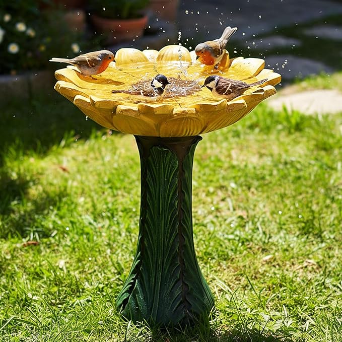 SKYFIRE 24.4”H Sunflower Bird Bath Fiber Reinforced Concrete Pedestal Birdbath for Outdoors, Heavy Duty Garden Bird Bath for Yard, Patio, Lawn, Backyard Decor