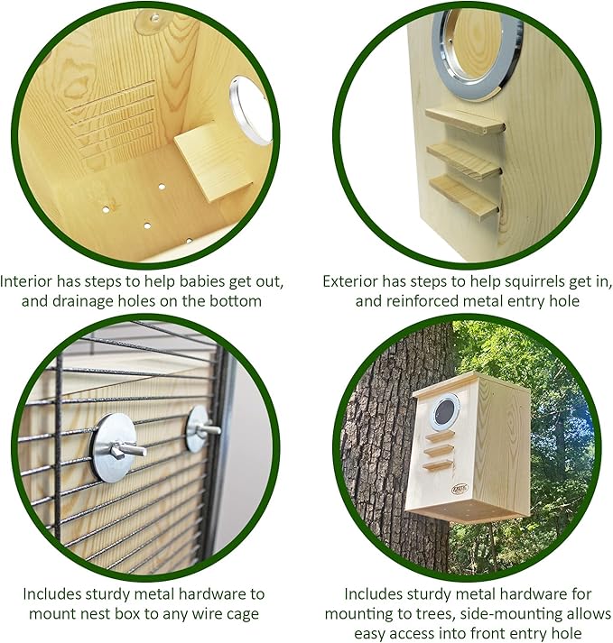 Squirrel Nest Box - Cage Attachment, Hinged Lid, Perching Ledge - for Squirrels, Sugar Glider, Rat, Finch, Parakeet, Lovebird, Canary, Cockatiel, Other Birds & Small Pets