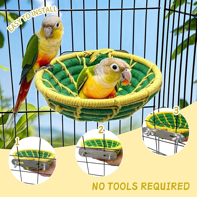 Bird Nest for Cage,Parrot Breeding Nest,Handwoven Cotton Rope Parakeet Bed,Canary Nesting House for Budgie,Finch,Cockatiel,Conure,Lovebird, Small Birds,Green&Yellow