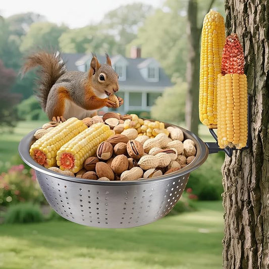 Squirrel Feeder with 8.5" Colander Bowl Tree/Fence Mounted, 2 Corn Cob Spikes for Various Food Backyard, Metal Squirrel Feeders for Outside, Removable Feed Bowl Nice to Clean/Refill,1 Set