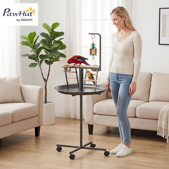PawHut Bird Stand, Parrot Stand with Wheels, Perch, Stainless Steel Feed Bowls, Round Tray for Indoor Outdoor, Dark Gray
