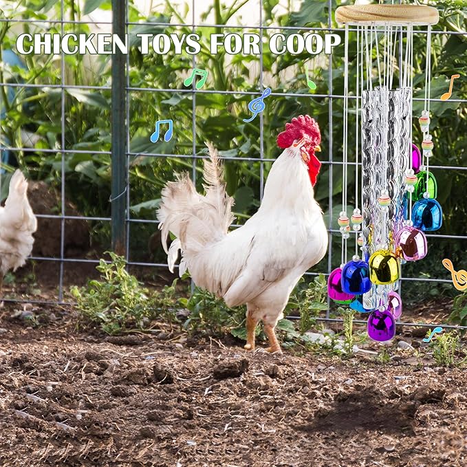 Chicken Toys for Coop, Chicken Wind Chime Enrichment Toys, Hanging Chick Peck Toy with 4 Aluminum Tubes 11 Bells, Chick Musical Coop Accessories