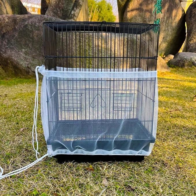 Bird Cage Seed Catcher, Large Bird Cage Cover, 75-118'' Universal Adjustable Birdcage Cover Skirt Soft Airy Nylon Mesh Net for Parakeet Macaw African Round Square Cage, White