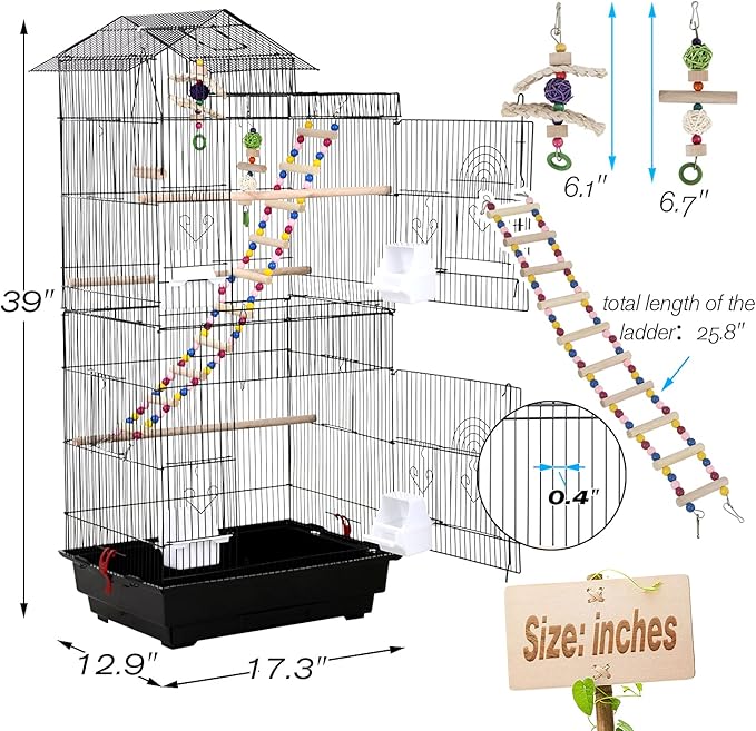 HCY, Bird Cage, Parrot Cage 39 inch Parakeet Cage Accessories with Bird Stand Medium Roof Top Large Flight cage for Small Cockatiel Canary Parakeet Conure Finches Budgie Lovebirds Pet Toy