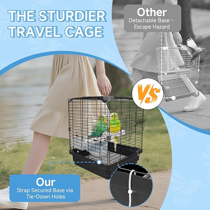 Small Bird Cage - 12x12x14.6 in Lightweight Travel Outdoor Birdcage for Parakeets, Budgies & Canaries and More Small Birds, Bird Carrier with Handle, Stand, Removable Tray, Portable for Hanging, Black
