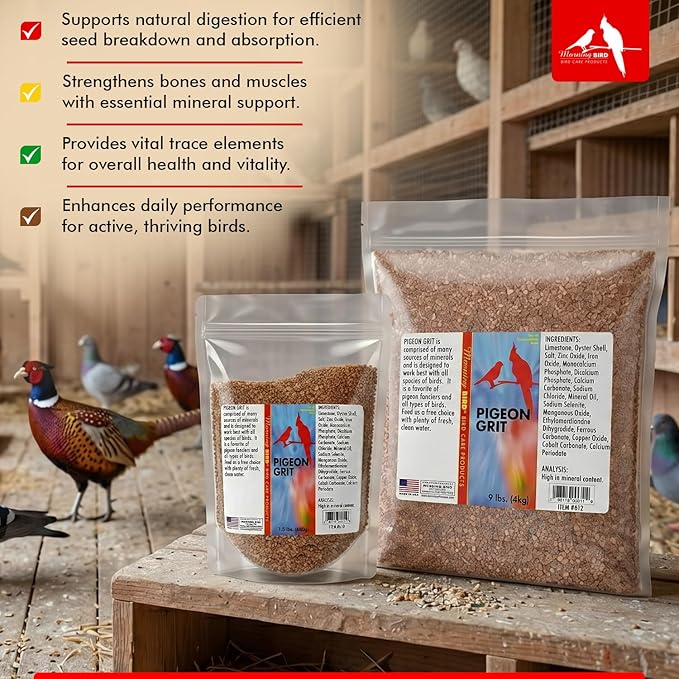 Morning Bird Pigeon Grit - Healthy & Nutritious Pigeon Food to Support Strong Muscles & Bones for Grit Eating Birds - Supports Digestion & Packed with Essential Minerals 18 lbs (2-Pack, 9 lbs Each)
