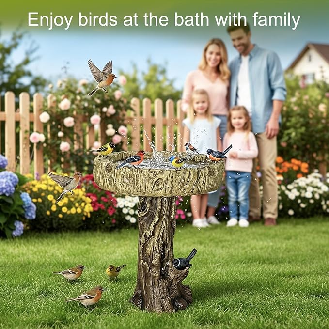 SKYFIRE Bird Baths for Outdoor - 24.4" Tall Pedestal Birdbath with Bird, Fibre Reinforced Concrete with Woodland Tree Trunk Décor Modern and Durable,Bird Bath for Outside, Garden, Patio,Lawn,Backyard