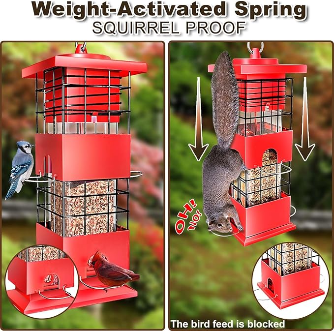 Bird Feeders Squirrel Proof for Outdoors, 3LBS Metal Hanging Bird Feeders, Weight-Activated Perches Anti-Squirrel Birdfeeder for Blue Jay, Cardinal, Outside (Red)