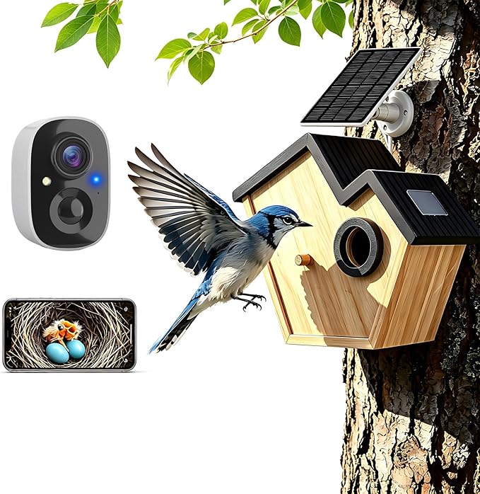Smart Bird House with Camera Solar Powered,2K HD Birdhouse with Camera Inside,Watch Bluebirds Nesting&Hatching in Real Time,2.4G WiFi & App Notification,Video/Photo Recording,Motion Detection
