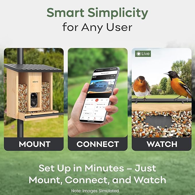 Adomii Bird Feeder with Camera, 2.4L Solar Powered Birdfeeder with AI Bird Identification & Alerts, Squirrel-Proof & Weatherproof, Adomii Window Bird Feeder with Double Bin, 1080p HD Live Camera