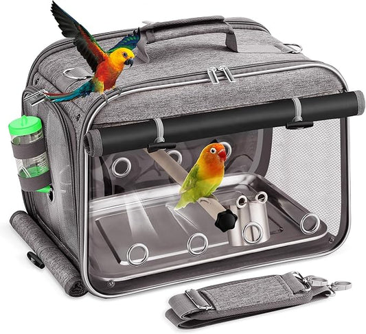 Sanmoncare Airline Approved Bird Carrier, Indestructible Stainless Steel Mesh Parrot Travel Cage, Cockatiels Travel Carrier Lightweight and Portable with Water Bottle and Bowl