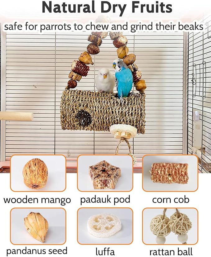 Bird Nest for Cage with Natural Chewing Toys, Hanging Bird Tunnel Bed with Sturdy Metal Frame & Handwoven Breathable Seagrass, Small Parakeet Bed for Lovebird, Canary, Budgie Rest & Chew & Play