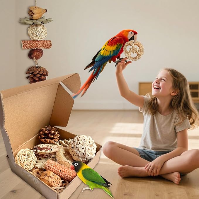 2 in 1 Parrot Toys, Parakeet Foraging Box DIY Hanging String with Comes with 2 Hooks Bird Toy for Parakeets,Cockatiels,Conures,Love Birds Cage Accessories for Small to Medium Birds