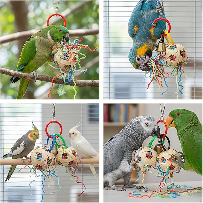 Bird Toy, Bamboo Ball Shredded Paper Parrot Foraging Tearing and Climbing Hanging Toy, Suitable for Parakeet Conure Cockatiel and Lovebird