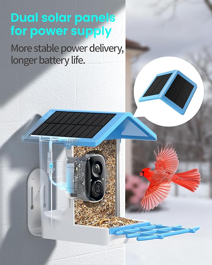 isYoung Smart Bird Feeder with Camera, 2.5K QHD Resolution, AI Identify 16000+ Birds, AI Auto-Capture & Motion Detection, IP65 Water-Resistant, 5W Solar Powered, Best Gift for Bird Lovers（Blue）