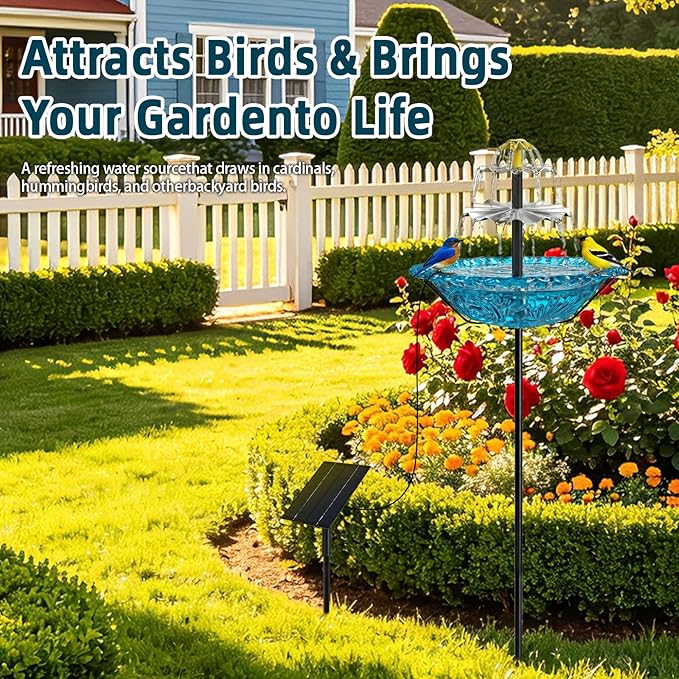 Bird Bath Fountain Solar for Outside, Outdoor Water Fountain Plastic, Attracts Birds with Cascading Spray for Yard & Patio (Blue(XL))