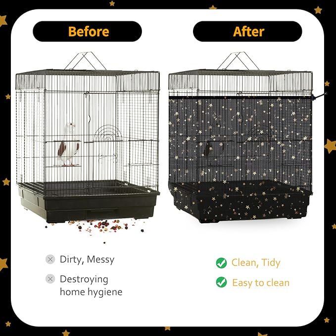 Bird Cage Seed Catcher, 60-118'' Large Bird Cages Cover, 31.5'' H Adjustable Nylon Bird Cage Mesh Net, Soft Airy Bird Cage Skirt Guard Accessories for Parrot Parakeet Macaw (Black)