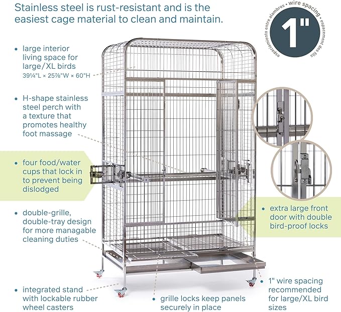 Prevue Pet Products Imperial Extra Large Stainless Bird Cage - Big Birdcage Ideal for Parrots, Cockatoos, Macaws, Included Perch and Cups, Durable Cage with Wheels - Gray, Extra Large