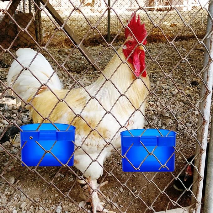 Suclain 30 Pcs Blue Cage Feeders Birds Cage Cups Plastic Hanging Feeding Cups Seed Bowl Chicken Feeding Watering Dish with Hooks for Pet Parrot