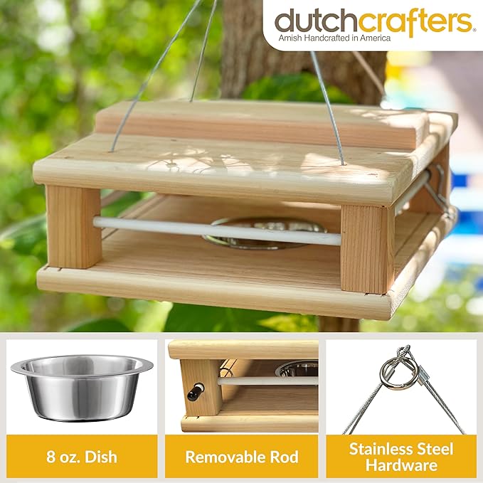 DutchCrafters Cedar Wood Covered Hanging Bluebird Feeder for Mealworms with Food Cup, Enclosed Wooden Dried Mealworm Feeder for Bluebirds for Outdoors