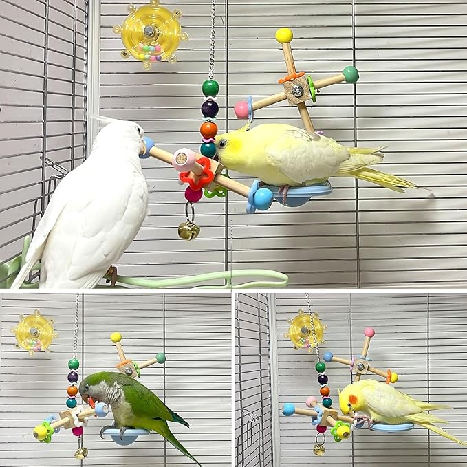 2pcs Bird Spinner Toys for Parrots with Bells, Natural Wood Parakeet Toys for Cage, Bird Cage Accessories Chewing Hanging for Small and Medium Birds, Cockatiel, Conure, Lovebird, Budgie, Quaker