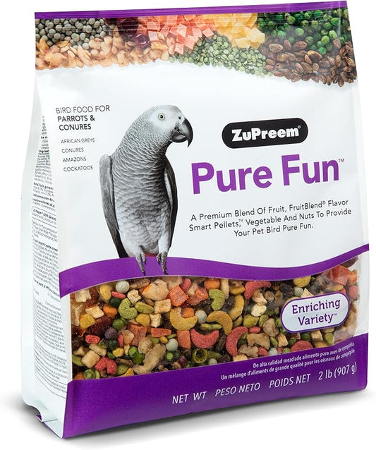 ZuPreem Pure Fun Bird Food, Parrot, Conure, Caique, African Grey, Eclectus, Small Cockatoo, Seed and Pellet Blend for Medium Large Birds, Bird Food Mixer Topper, Enriching Variety (ML, 2 lbs)