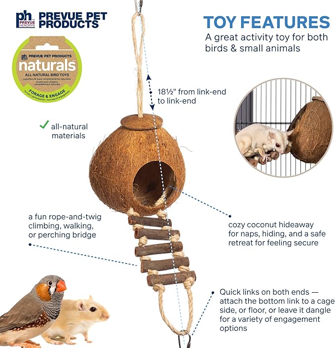 Prevue Pet Products Naturals Coco Hideaway with Ladder - Bird Toy for Parrots, Conures, Cockatiels, Budgies, and Small to Medium Birds, Cage Accessory for Climbing, Resting, and Beak Exercise
