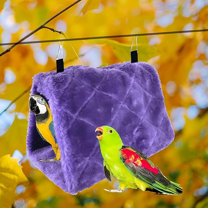 2 Pack Warm Bird Nest House Plush Hanging Snuggle Cave Bed Hanging Hammock Sleeping Bed Happy Hut for Parrot Parakeet Cockatiel Conure Cockatoo African Grey Macaw (Grey&Purple)
