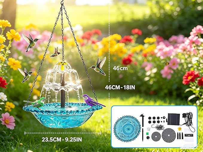 2026 Smart Birdbath Fountains Solar Power, Solar Cascade Hanging Birdbath Fountain,Clear Hummingbird Birdbath with Solar Powered for Outdoor Livng Garden Patio Backyard