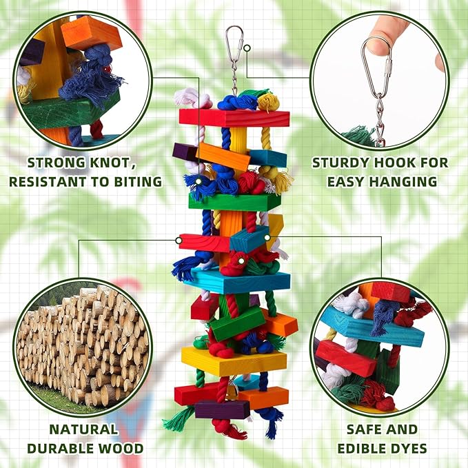 Soulchen 4 Pcs Extra Large Bird Parrot Toy Set Natural Wooden Chewing Toy, Rattan Ball, Wood Nut Loofah String (Bagged) for Large Macaws, African Grey, Amazon Parrots (Colorful Ring)