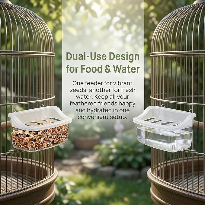 NOLITOY Hanging Bird Feeder for Cage, 2 Pack 4 Compartment Food and Water Bowl Bird Cage Cup, Plastic Feeder Cups for Parakeet Parrot Budgie Canary Pigeon