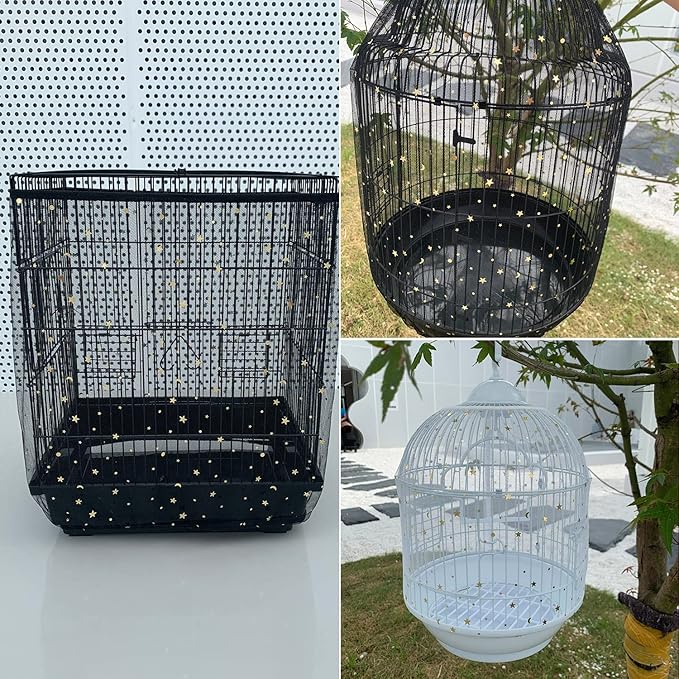 2-Piece Universal Bird Cage Cover in Black and White with Stars and Moon Patterns, Adjustable Soft and Breathable Nylon Net Cover,Bird Cage Seed Catcher Parrot Cage Net Skirt.