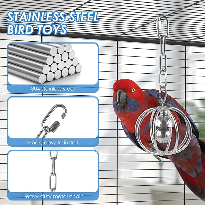 DBNESS Heavy-Duty Stainless Steel Bird Toy for Parrots, Durable Hollow Foraging Ball with Detachable Chain, Chew-Proof Parakeet Training Toys for Macaws, Amazons, Eclectus, African Greys, Cockatoos