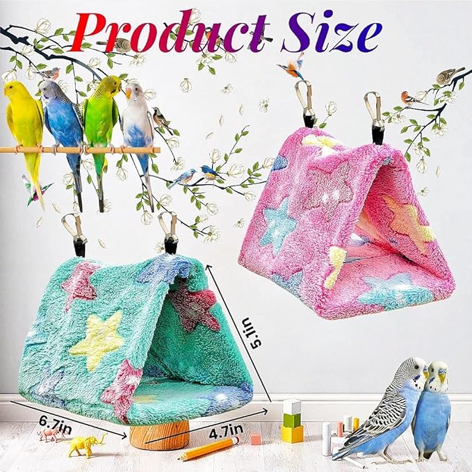 2 Pack Warm Bird Nest Plush Snuggle Bird Hammock Hanging Bird Cave Parrot Sleeping Bed Shed Hut Hanging Tent for Budgies Finch Parakeet Cockatiel Cockatoo Lovebird-Star Pattern (Pink&Green)